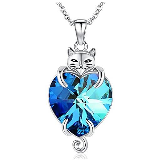 Odinstone collana gatto argento sterling 925 ciondolo di gatto in cristallo blu, gioielli gatto per donna ragazze regalo per gli amanti dei gatti