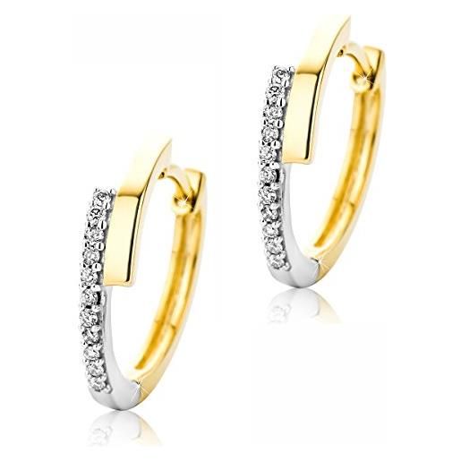 Orovi, orecchini a cerchio, da donna con diamanti, 9 carati (375), a due colori, oro bianco e giallo, orecchini con brillanti da 0.03 carati