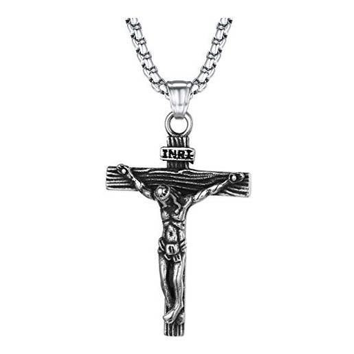 FaithHeart collana croce uomo crocifisso inri ciondolo di gesù modello retro cristo sulla croce con catena da 55+5 cm in argento retro regalo compleanno