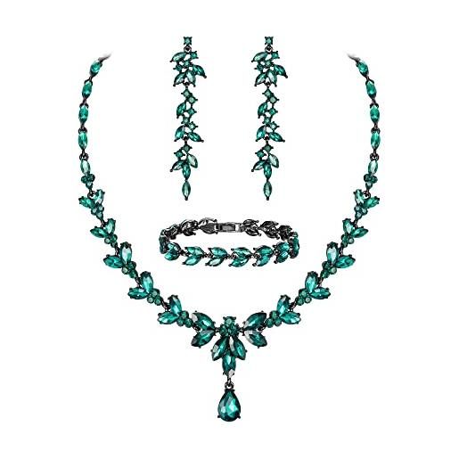 EVER FAITH set di gioielli da damigella d'onore in cristallo austriaco, collana di strass marquise in costume con foglie, orecchini pendenti, bracciale da tennis, verde nero-tonica