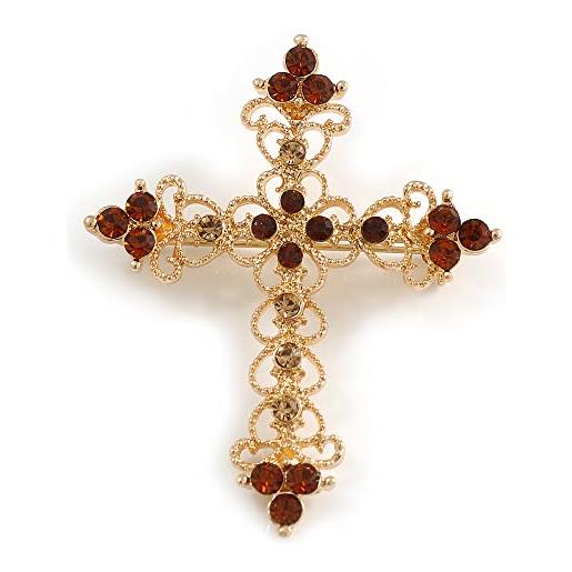 Avalaya spilla a forma di croce in filigrana con diamanti in stile vittoriano, placcata in oro, lunghezza 57 mm, misura unica, pietre preziose, metallo
