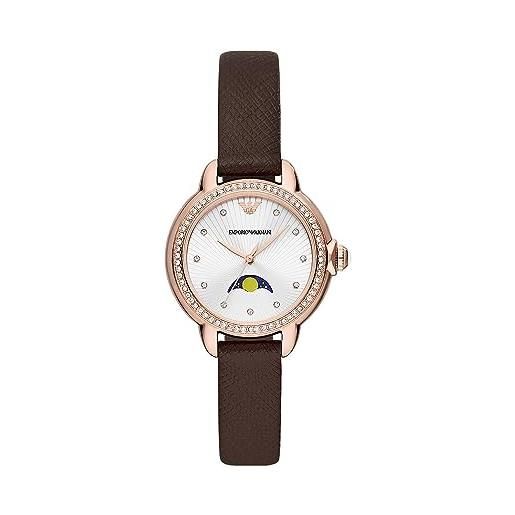 Emporio Armani orologio da donna, fasi lunari a tre lancette, orologio in acciaio inossidabile con cassa da 32 mm, marrone (dark brown)