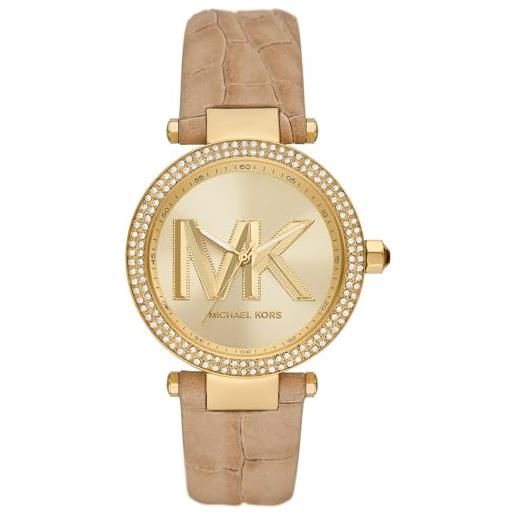 Michael Kors orologio per le donne, parker movimento a tre lancette, orologio in acciaio inossidabile con cassa da 39 mm e cinturino in pelle, beige e oro
