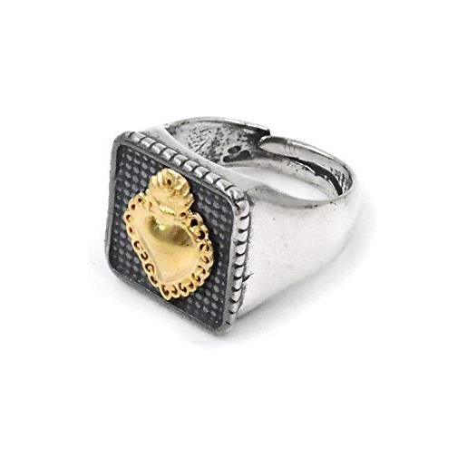 I Gemelli anello chevalier quadrato in argento 925 con sacro cuore ex voto dorato argento