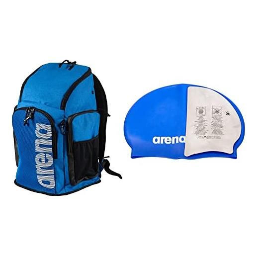 Arena team backpack 45 grande zaino da nuoto e piscina, zaino da viaggio sportivo per palestra e tempo libero, 45 l, blu & classic silicone, cuffia unisex adulto, blu (skyblue/white)