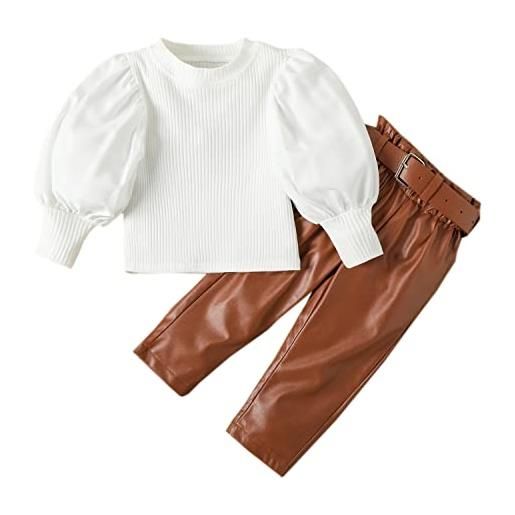 Verve Jelly neonate maglia camicia volant manica a sbuffo top bambini pantaloni di pelle pantaloni 2 pezzi autunno inverno vestiti set bianco 110 3-4 anni