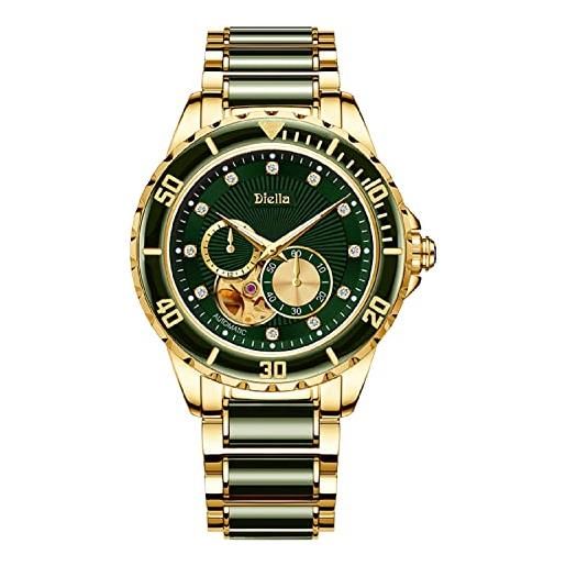 Diella orologio da uomo di lusso con datario, orologio automatico da uomo, impermeabile, in acciaio inox dorato e verde scuro (modello: ad6025)