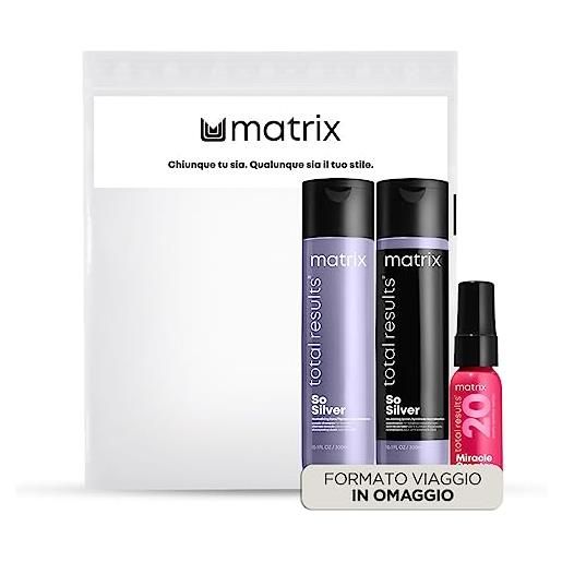 Matrix | kit con omaggio shampoo 300ml + conditioner 300ml + spray miracle creator 30ml, neutralizzante anti-giallo per capelli biondi o grigi, so silver