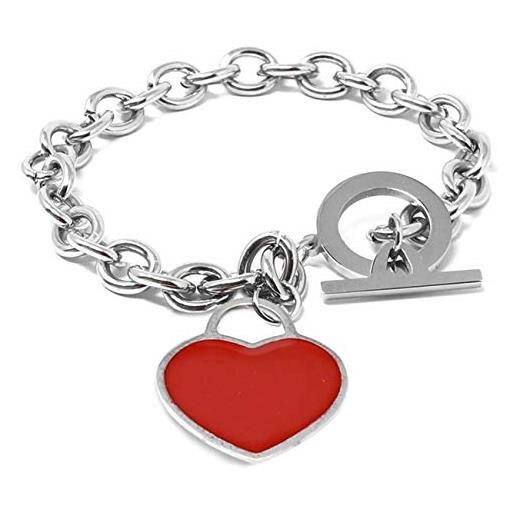 inSCINTILLE cuore rock bracciale donna a catena in acciaio inossidabile lucido con cuore colorato (rosso)
