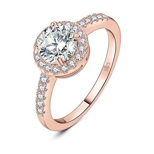 JewelryPalace 1ct classico anello halo donna argento 925 con creato moissanite, diamante simulato anelli con pietre laterali, semplice fedine fidanzamento matrimonio oro rosa set gioielli donna 19.5