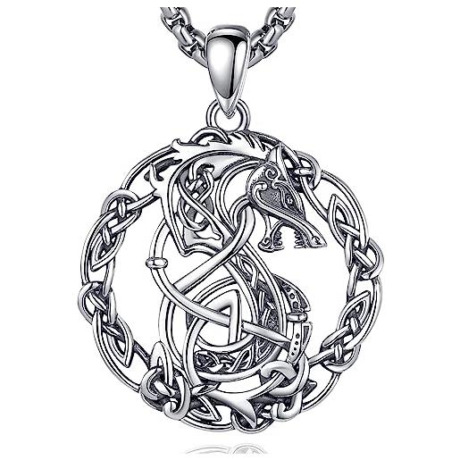 INFUSEU collana lupo celtico vichingo, gioielli nordici in argento 925 per uomo e donna collana ciondolo lupo celtico vichingo norreno regalo per uomo