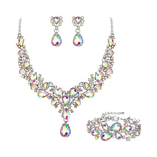 EVER FAITH set di gioielli da damigella in cristalli austriaci, elegante collana orecchini bracciale in acqua goccia fiore, set iridescente ab argento-fondo