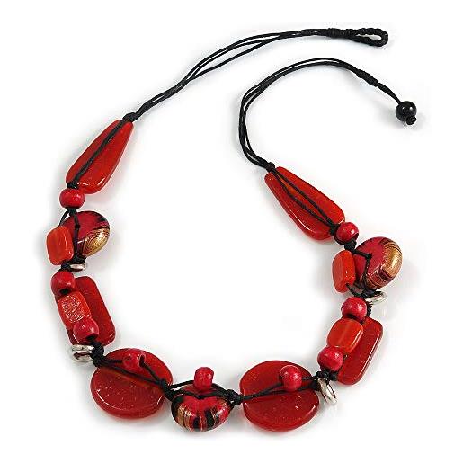 Avalaya statement cluster - collana in ceramica con perline di legno e cordoncino di cotone nero (rosso), lunghezza 60 cm, misura unica, legno ceramica corde legno