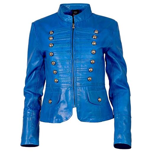 Aviatrix giacca da parata militare in vera pelle da donna con bottoni decorativi (t5j4), blu elettrico, 3xl