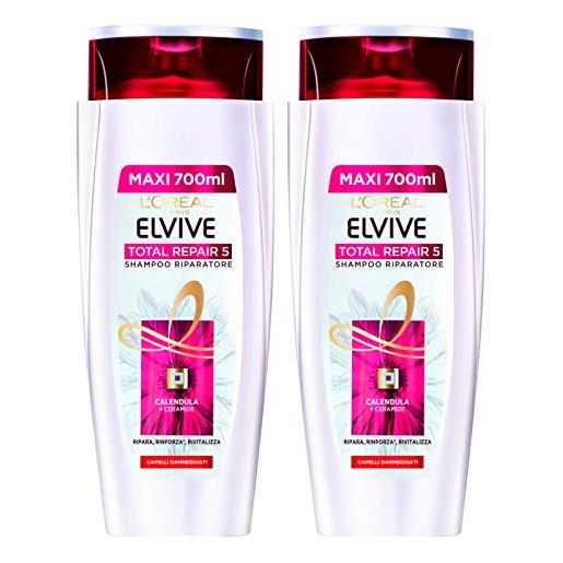 L'OREAL PARIS l'oréal paris elvive shampoo riparatore total repair 5 per capelli danneggiati formula con estratti di calendula e ceramide ad azione riparatrice rinforzante rivitalizzante maxi - 2 flaconi da 700ml