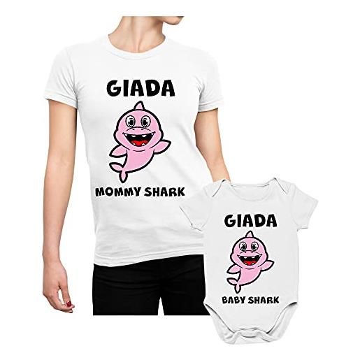Colorfamily coppia t-shirt e body neonato festa della mamma personalizzabile maglietta mamma figlia mommy shark baby shark - idea regalo mamma