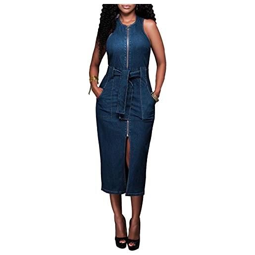 SOMTHRON vestito da donna in jeans con cintura, estivo, senza maniche, da ufficio, elegante, sexy, sottile, in denim, con chiusura lampo, materiale elasticizzato, a matita, blu, s