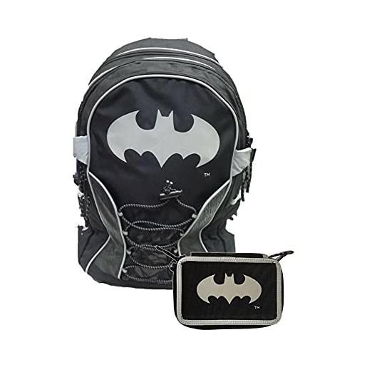 Batman zaino schoolpack compatibile con Batman rotondo 3 tasche 45x31x17 cm + astuccio triplo completo