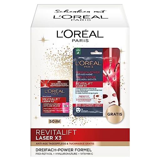 L'Oréal Paris set per la cura del viso anti-età con cura del giorno e maschera in panno, con pro-retinolo, acido ialuronico e vitamina c, revitalift laser x3, 2 pezzi