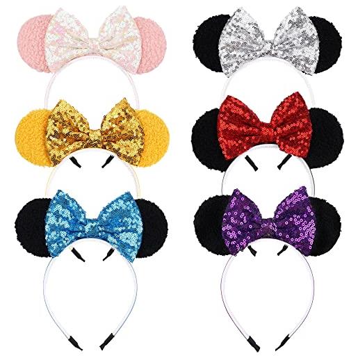 MiDoDo 6 pezzi minnie orecchie fascette paillette mouse orecchie accessori per capelli per parco a tema costume party decorazione per bambini ragazze
