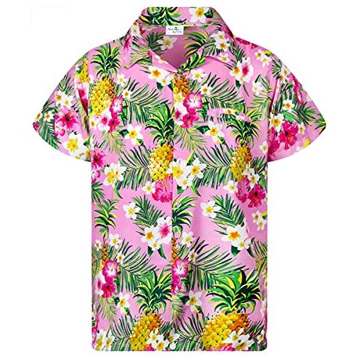 King Kameha camicia hawaiana classica moderna da uomo con tasca frontale casual aloha-shirts, fiori di ananas-design-marrone-rosso, 4xl