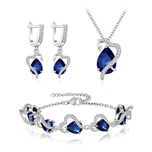 EVER FAITH goccia zirconia cubica party jewelry set, birthstone love cuore pendant necklace earrings tennis bracciale blu argento fondo