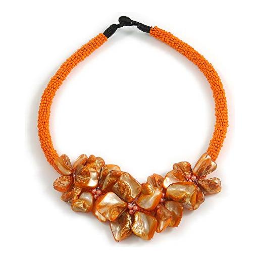 Avalaya collana con perle di vetro arancione con motivo floreale, lunghezza 48 cm, misura unica, vetro vetro conchiglia di mare