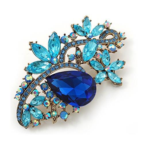 Avalaya vintage in stile floreale azzurro, blu cielo, blu navy, cristallo austriaco, a forma di spilla in metallo oro antico - 80 mm lunghezza