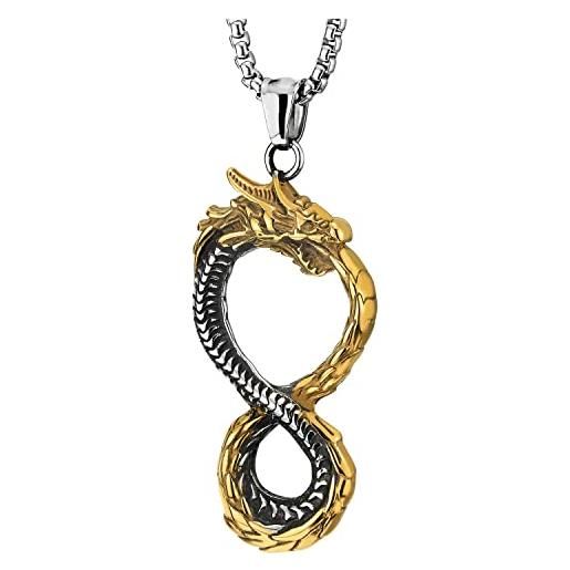 COOLSTEELANDBEYOND argento oro ouroboros drago nodo infinito ciondolo, uomo donna collana con pendente, acciaio, catena del grano 75cm