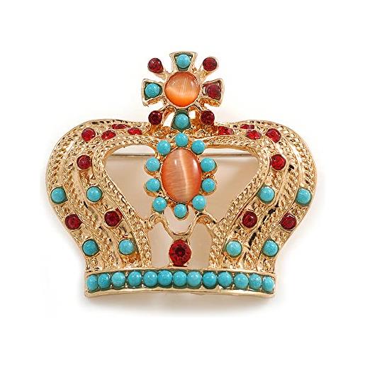 Avalaya spilla a forma di corona con perline in cristallo/acrilico multicolore, color oro, 42 mm di diametro, plastica