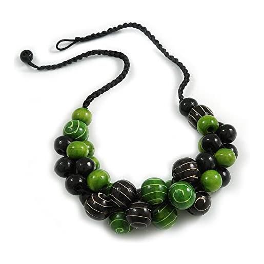Avalaya collana con perline in legno a grappolo nero/verde lime con cordoncino nero, lunghezza 54 cm, misura unica, legno, senza pietra