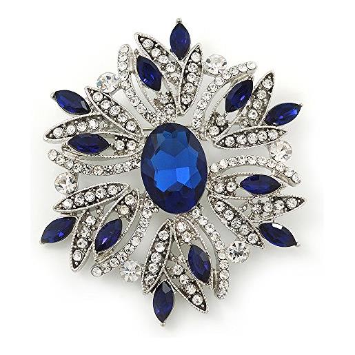 Avalaya spilla a bouquet color blu navy con cristalli austriaci e placcatura in rodio, lunga 60 mm
