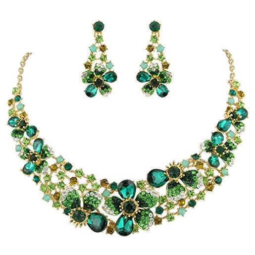 EVER FAITH collana e orecchini da donna, cristallo austriaco elegante sposa primavera fiore parure gioielli verde smeraldo