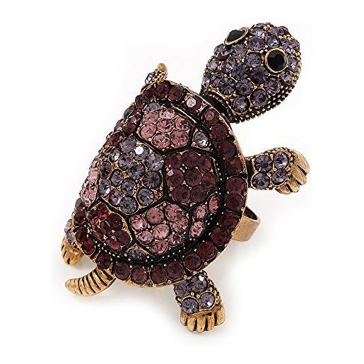 Avalaya anello tartaruga in cristallo viola, oro invecchiato, regolabile, altezza 50 mm, grande, metallo