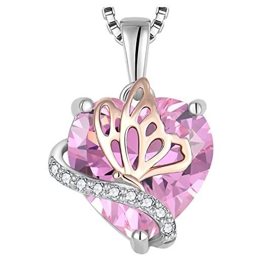 YL collana farfalla cuore in argento 925 con ciondolo da donna con pietra portafortuna di ottobre rosa zirconia cubicaa cubica