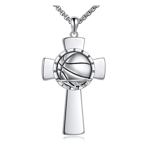 YFN collana croce pallacanestro argento sterling ciondolo basketball gioielli basket regalo pallacanestro per donna uomo bambina bambino