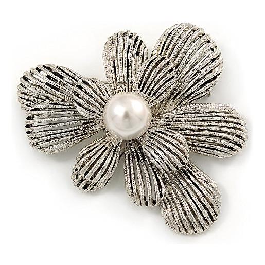 Avalaya vintage ispirato stratificata strutturato fiore spilla in metallo color argento - 60 mm