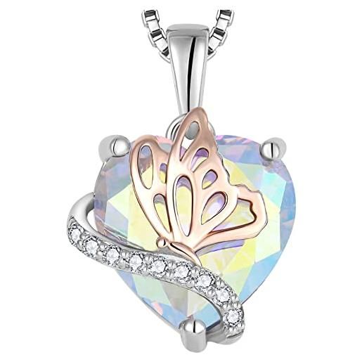 YL collana farfalla cuore in argento 925 con ciondolo da donna con arcobaleno bianco zirconia cubica
