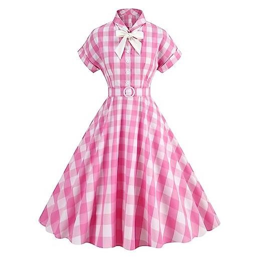 IMEKIS donne anni '50 rockabilly abito senza maniche halter vintage abito da cocktail a pois a scacchi retro swing vestito una linea elegante abito da sposa abito da ballo rosa+bianco xl