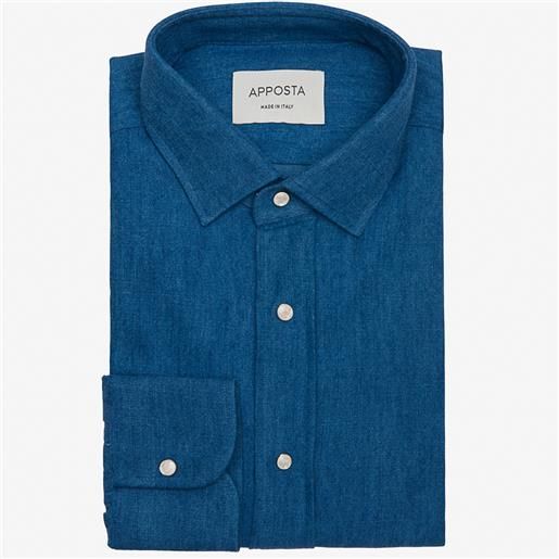 Apposta camicia tinta unita blu 100% puro cotone denim, collo stile collo italiano aggiornato a punte corte