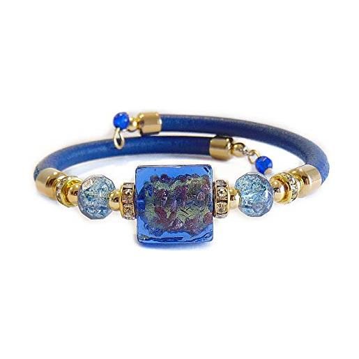 VENEZIA CLASSICA - bracciale da donna con perle in vetro di murano originale e vera pelle toscana, collezione lily, con foglia in oro 24kt, made in italy certificato (blu)
