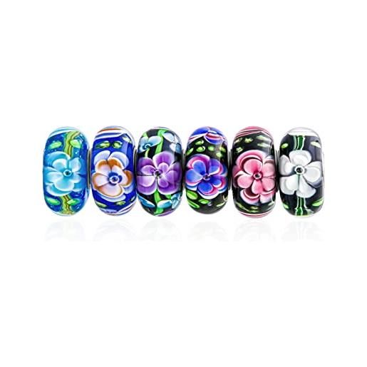 Bling Jewelry set misto romantico di 6 bundle. 925 sterling silver core translucent shades of black purple blue pink rose vintage style floral flower murano glass charm bead spacer fits european bracelet for women