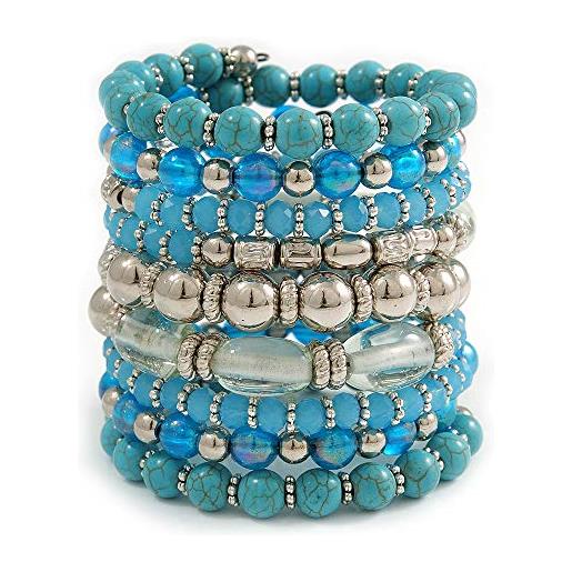Avalaya bracciale a spirale in ceramica, acrilico, perle di vetro (azzurro, turchese, argento, trasparente) regolabile, br04254