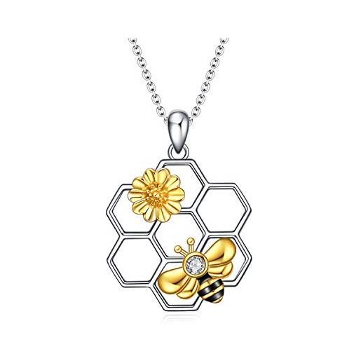 YAFEINI collana in argento sterling con ciondolo a forma di ape con motivo geometrico a nido d'ape, con ciondolo a forma di ape e girasole, idea regalo per donne (collana a nido d'ape con ape)