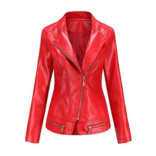 Valin c257n - giacca da donna in pelle sottile, corta, con colletto alto, chiusura lampo, per la primavera e l'autunno, colore: rosso, 40
