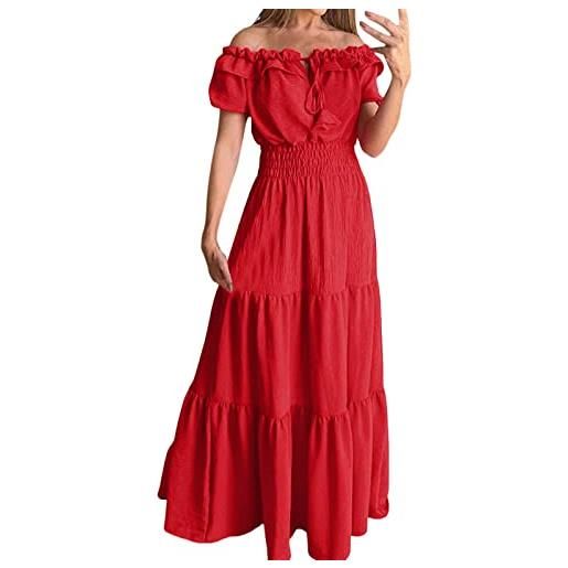 Generic abito casual breve 2023 primavera solido elastico scollatura off spalla abito sottile donna vestito sexy nero, colore: rosso, l