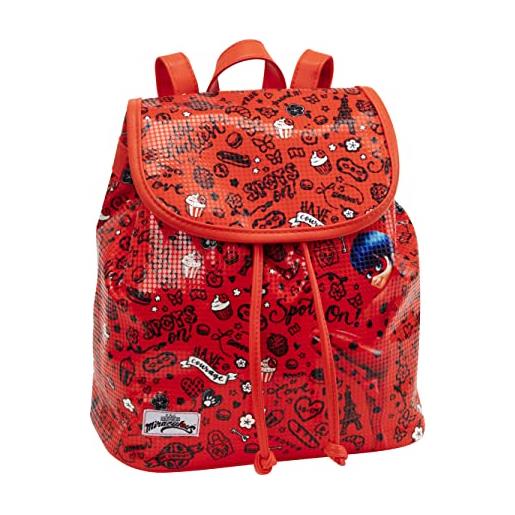 Miraculous - zaino scuola e free time personalizzato ladybug, chiusura regolabile a cordoncino e patta magnetica - zainetto bambina e bambino con spallacci e maniglia, 23x25hx12 cm, rosso con stampa
