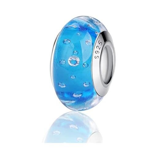 Nbsameng charm glitter in vetro di murano, ciondolo per braccialetti e catenine per donna, ciondoli in argento 925% , azzurro