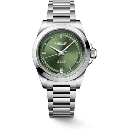 Longines orologio Longines conquest con quadrante verde con diamanti e cinturino in acciaio