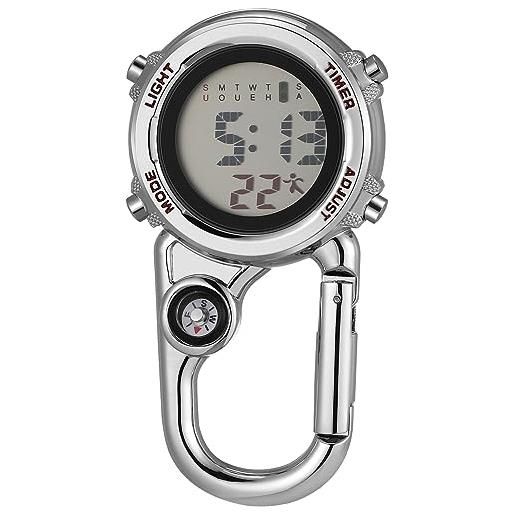 UKCOCO moschettone orologio in acciaio inox clip su orologio multi funzione digitale moschettone orologio fob orologio con sveglia data settimana per scalatori, 1, 7,5 x4cm